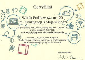 certyfikat III edycja programu Mistrzowie Kodowania